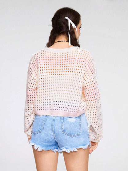 ROMWE Kawaii Jersey De Manga Larga Con Cuello Redondo Para Mujer Con Patrón De Estrella De Degradado De Color Y Estilo Hueco