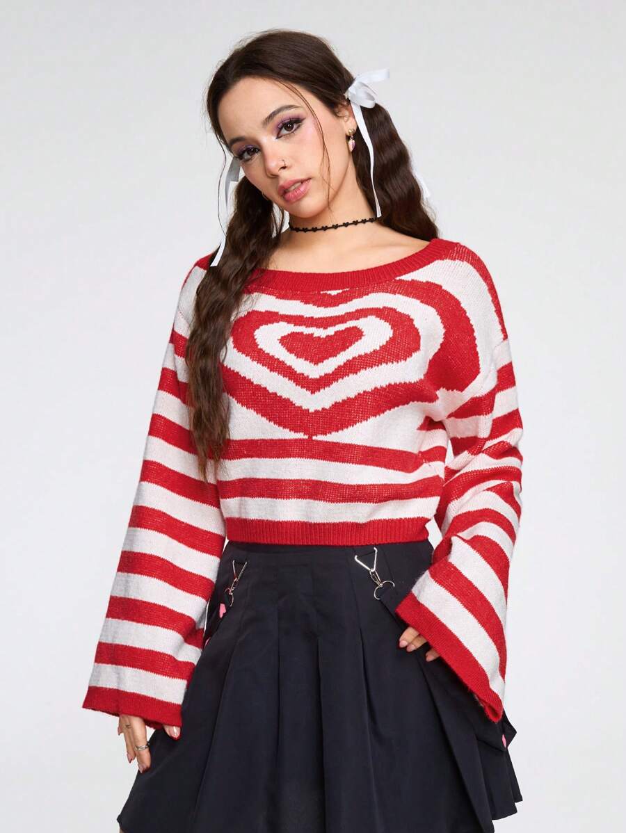 ROMWE Kawaii Jersey de cuello asimétrico y corazón con rayas para mujer