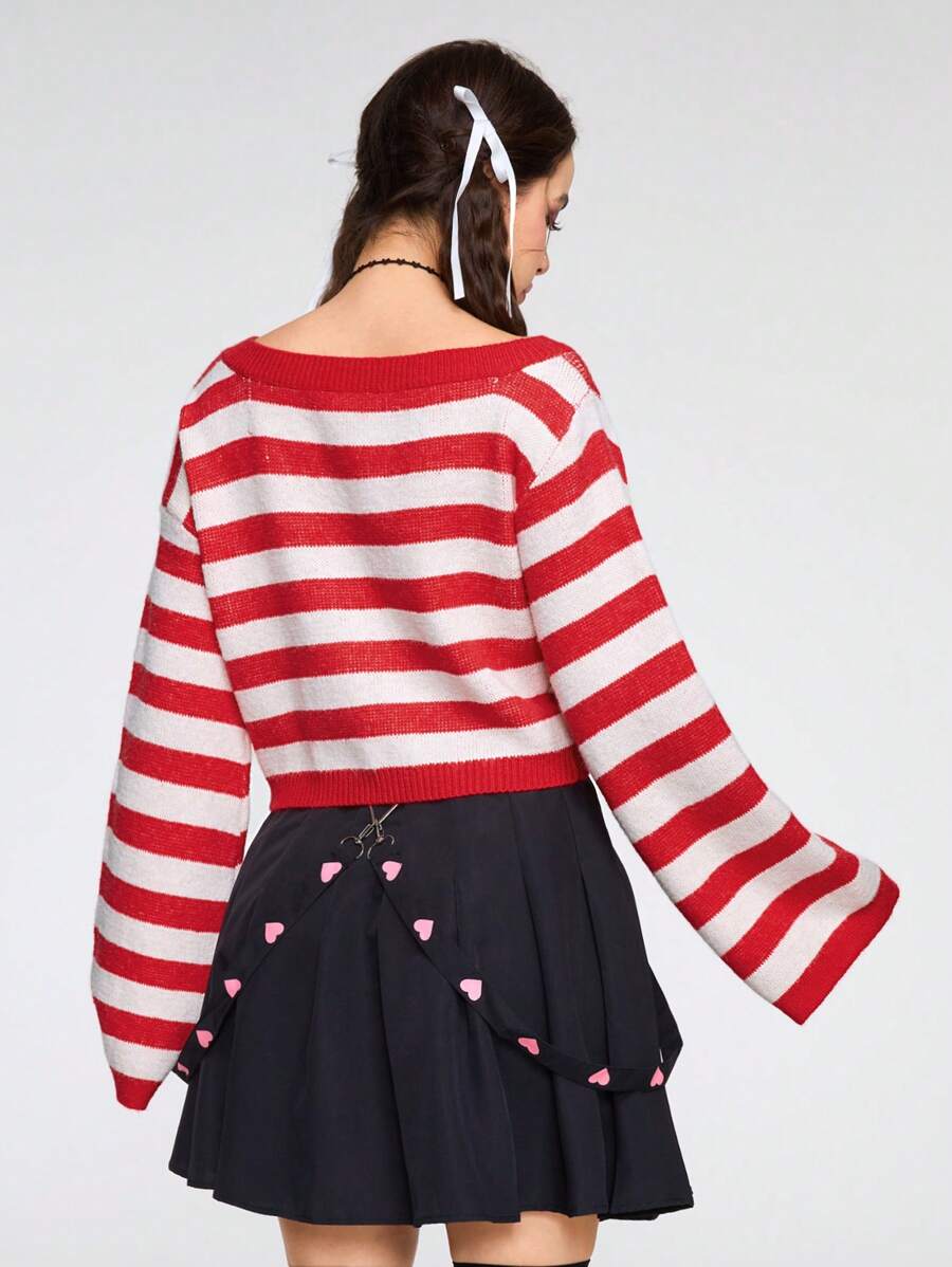 ROMWE Kawaii Jersey de cuello asimétrico y corazón con rayas para mujer