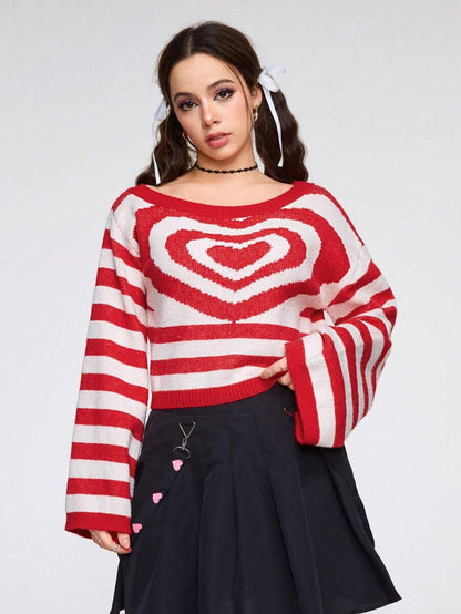 ROMWE Kawaii Jersey de cuello asimétrico y corazón con rayas para mujer