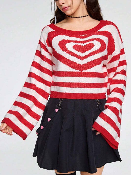 ROMWE Kawaii Jersey de cuello asimétrico y corazón con rayas para mujer
