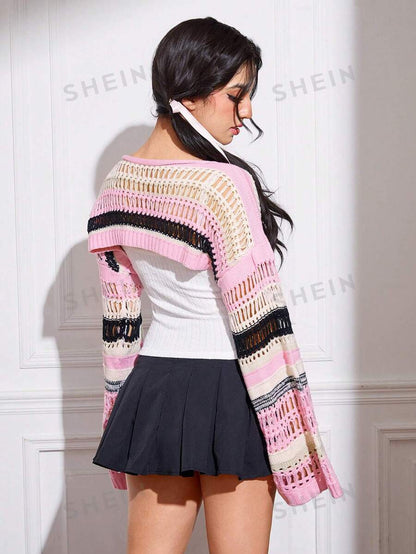 ROMWE Jersey crop con patrón de rayas de hombros caídos tejido abierto sin top de tirantes Mujer