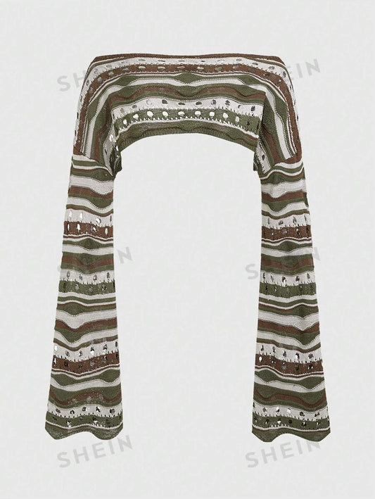 ROMWE Jersey cardigan recortado vintage de cuello de barco de rayas con manga acampanada para mujeres