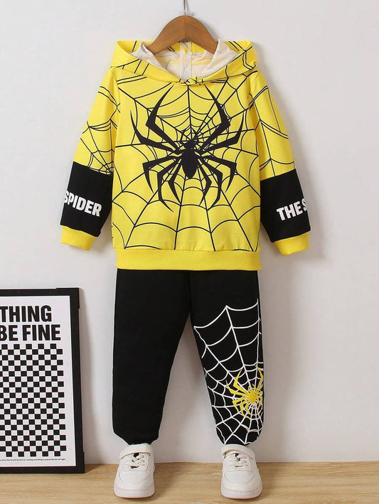 "SHEIN Set de 2 piezas para niño joven con sudadera con capucha y manga larga con estampado de araña y pantalones informales, estilo de skateboard deportivo y sencillo de la calle, lindo y cómodo, a prueba de viento, adecuado para el otoño y el invierno"