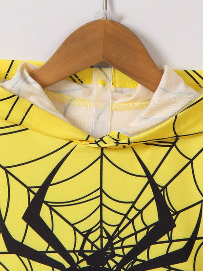 "SHEIN Set de 2 piezas para niño joven con sudadera con capucha y manga larga con estampado de araña y pantalones informales, estilo de skateboard deportivo y sencillo de la calle, lindo y cómodo, a prueba de viento, adecuado para el otoño y el invierno"