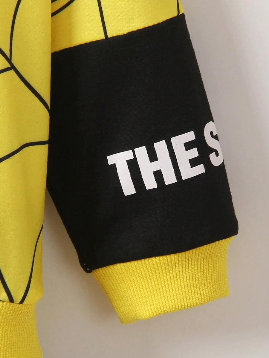 "SHEIN Set de 2 piezas para niño joven con sudadera con capucha y manga larga con estampado de araña y pantalones informales, estilo de skateboard deportivo y sencillo de la calle, lindo y cómodo, a prueba de viento, adecuado para el otoño y el invierno"