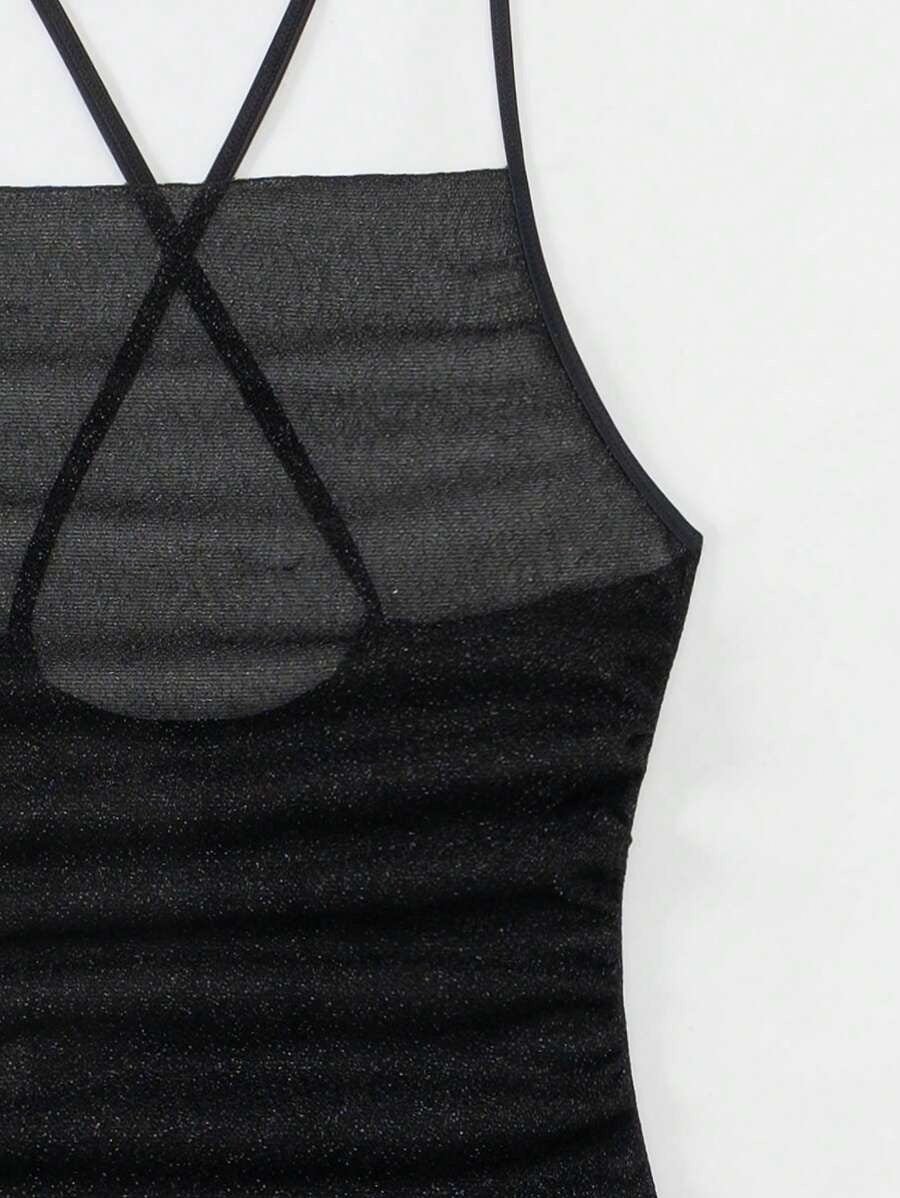 SHEIN Swim Vestido De Mujer Con Brillo, Ajustado, Con Tirantes, Espalda Descubierta, Adecuado Para Cubrirse En Verano, Playa Y Vacaciones