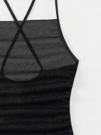 SHEIN Swim Vestido De Mujer Con Brillo, Ajustado, Con Tirantes, Espalda Descubierta, Adecuado Para Cubrirse En Verano, Playa Y Vacaciones