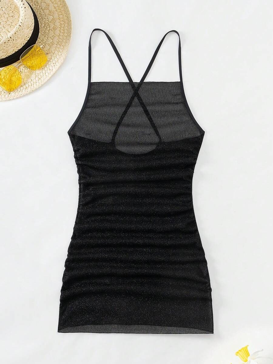 SHEIN Swim Vestido De Mujer Con Brillo, Ajustado, Con Tirantes, Espalda Descubierta, Adecuado Para Cubrirse En Verano, Playa Y Vacaciones