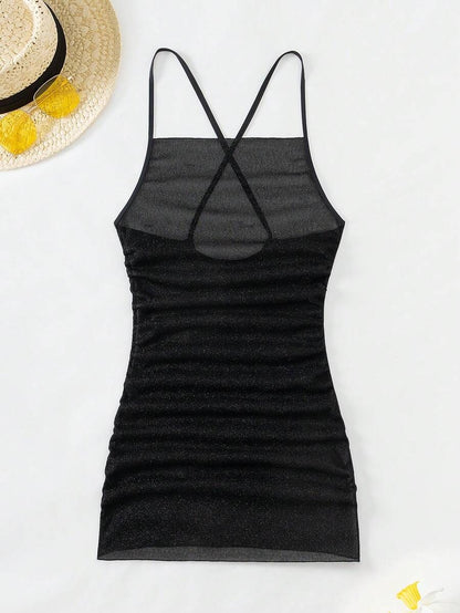 SHEIN Swim Vestido De Mujer Con Brillo, Ajustado, Con Tirantes, Espalda Descubierta, Adecuado Para Cubrirse En Verano, Playa Y Vacaciones