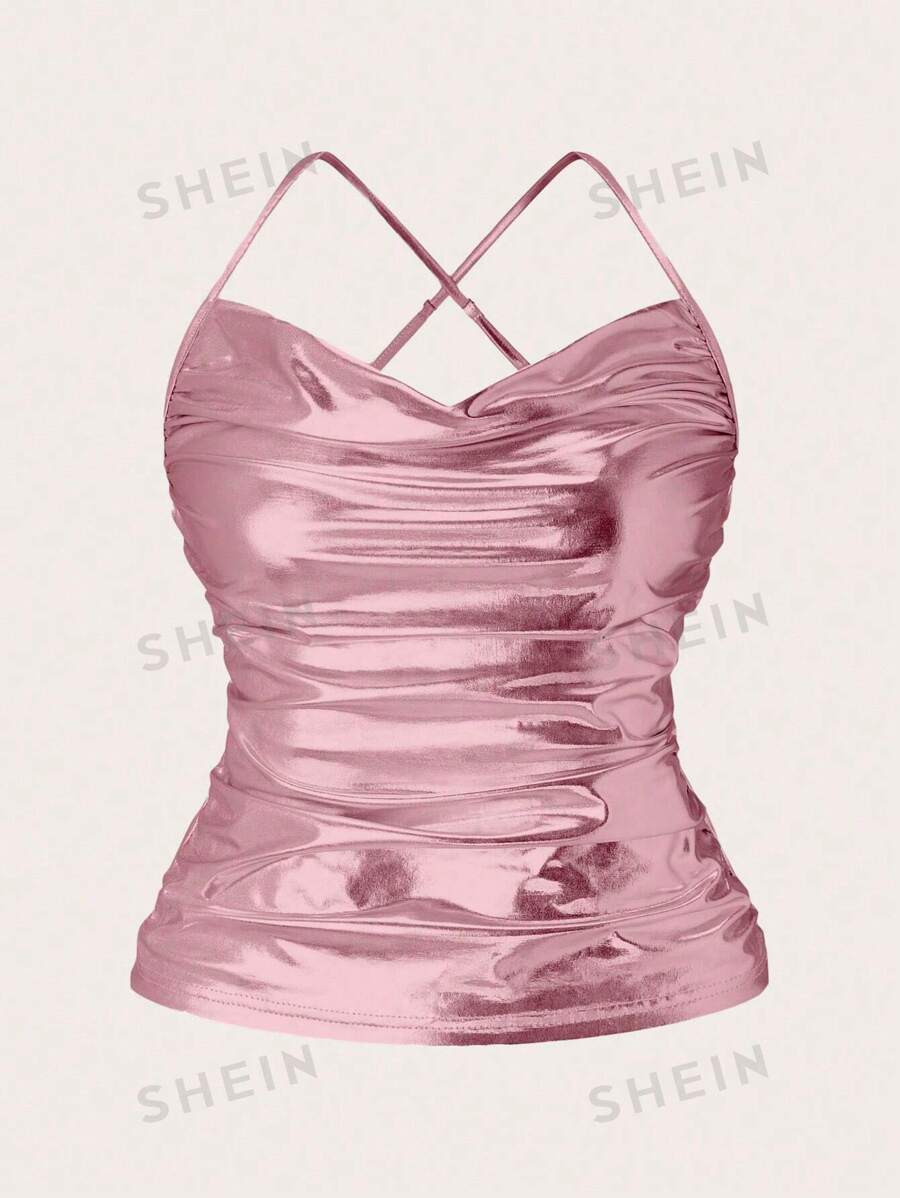 SHEIN VCAY Top De Camisola Plisado Con Escote En V Para Mujer Con Correas Cruzadas En La Espalda