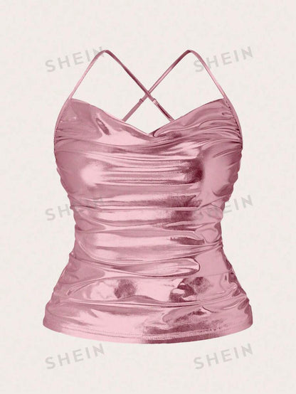 SHEIN VCAY Top De Camisola Plisado Con Escote En V Para Mujer Con Correas Cruzadas En La Espalda