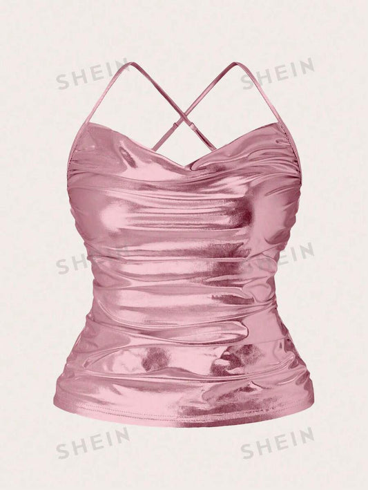 SHEIN VCAY Top De Camisola Plisado Con Escote En V Para Mujer Con Correas Cruzadas En La Espalda