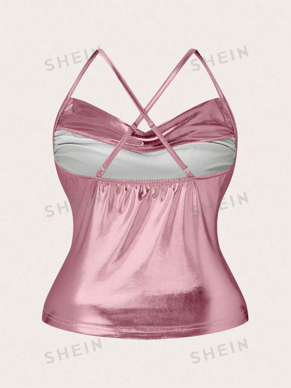 SHEIN VCAY Top De Camisola Plisado Con Escote En V Para Mujer Con Correas Cruzadas En La Espalda