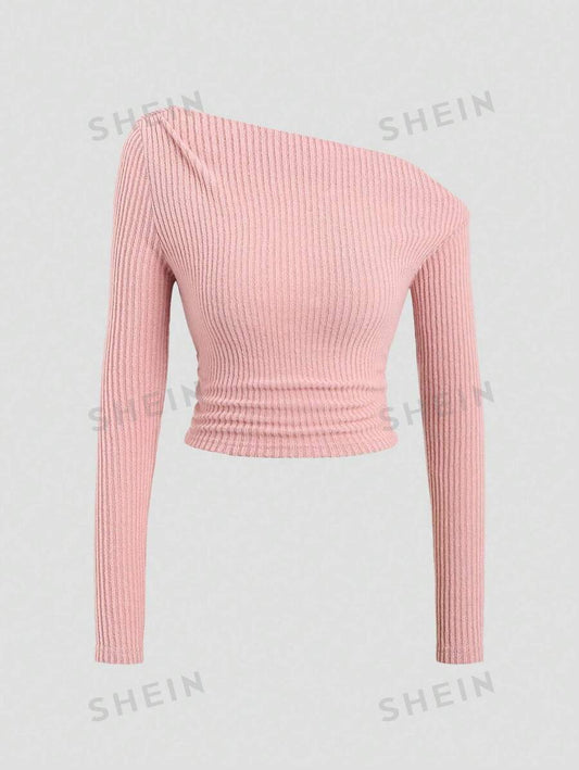 SHEIN EZwear Camiseta De Punto De Hombro Irregular En Tonos Sólidos Con Costilla mujer