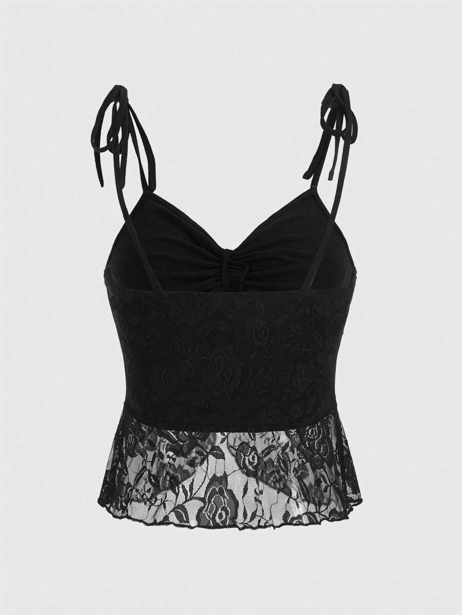 ROMWE Goth Top De Correa De Cami Con Encaje Y Lazo En El Hombro Con Contraste Mujer