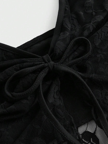 ROMWE Goth Top De Correa De Cami Con Encaje Y Lazo En El Hombro Con Contraste Mujer