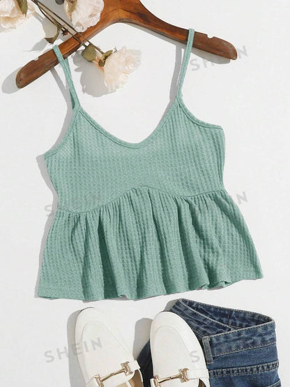 SHEIN WYWH Top De Tirantes Con Dobladillo De Volantes En Color Sólido, Adecuado Para Uso Diario En Primavera Y Verano