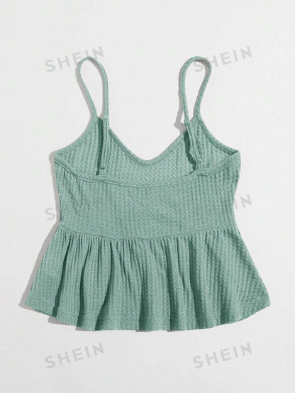 SHEIN WYWH Top De Tirantes Con Dobladillo De Volantes En Color Sólido, Adecuado Para Uso Diario En Primavera Y Verano