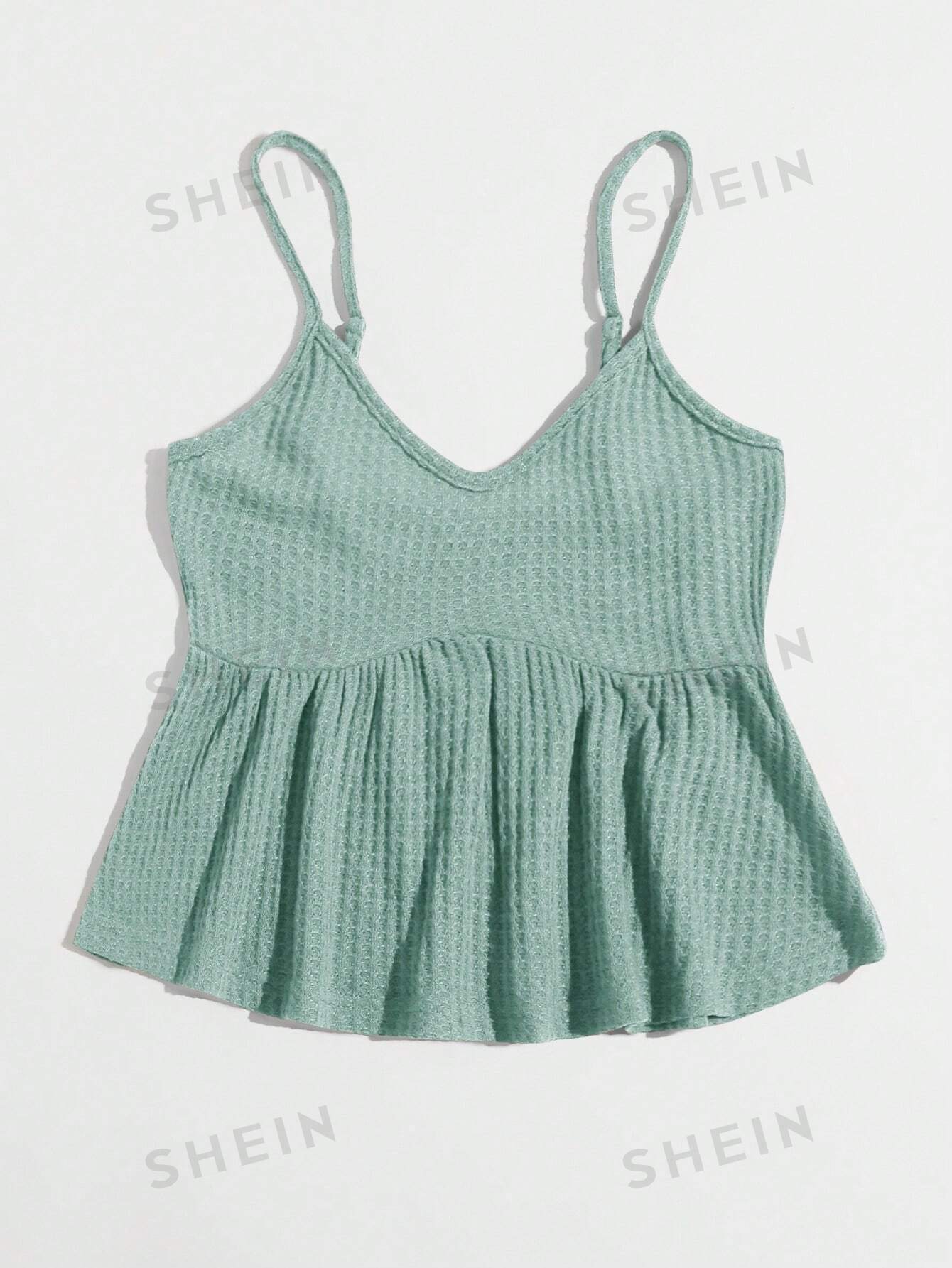 SHEIN WYWH Top De Tirantes Con Dobladillo De Volantes En Color Sólido, Adecuado Para Uso Diario En Primavera Y Verano