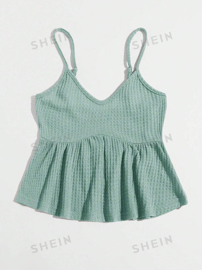 SHEIN WYWH Top De Tirantes Con Dobladillo De Volantes En Color Sólido, Adecuado Para Uso Diario En Primavera Y Verano