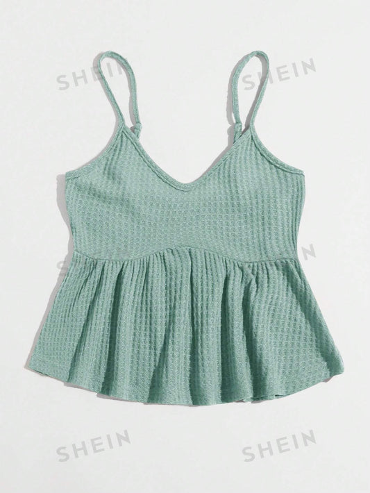 SHEIN WYWH Top De Tirantes Con Dobladillo De Volantes En Color Sólido, Adecuado Para Uso Diario En Primavera Y Verano