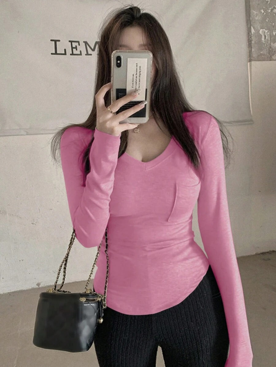 DAZY Camiseta De Bolsillo Sólido De Manga Larga Y Cuello En V De Color Sólido Para Mujer