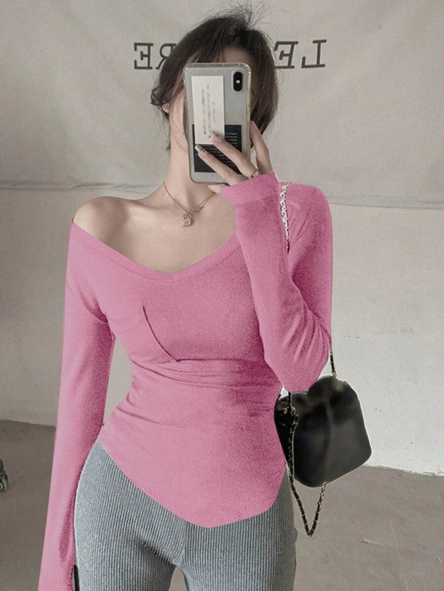 DAZY Camiseta De Bolsillo Sólido De Manga Larga Y Cuello En V De Color Sólido Para Mujer