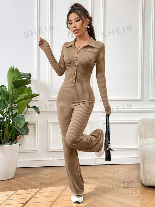 SHEIN EZwear Mono De Manga Larga Acanalado Sólido Con Cuello Estilo Solapa Para Mujer