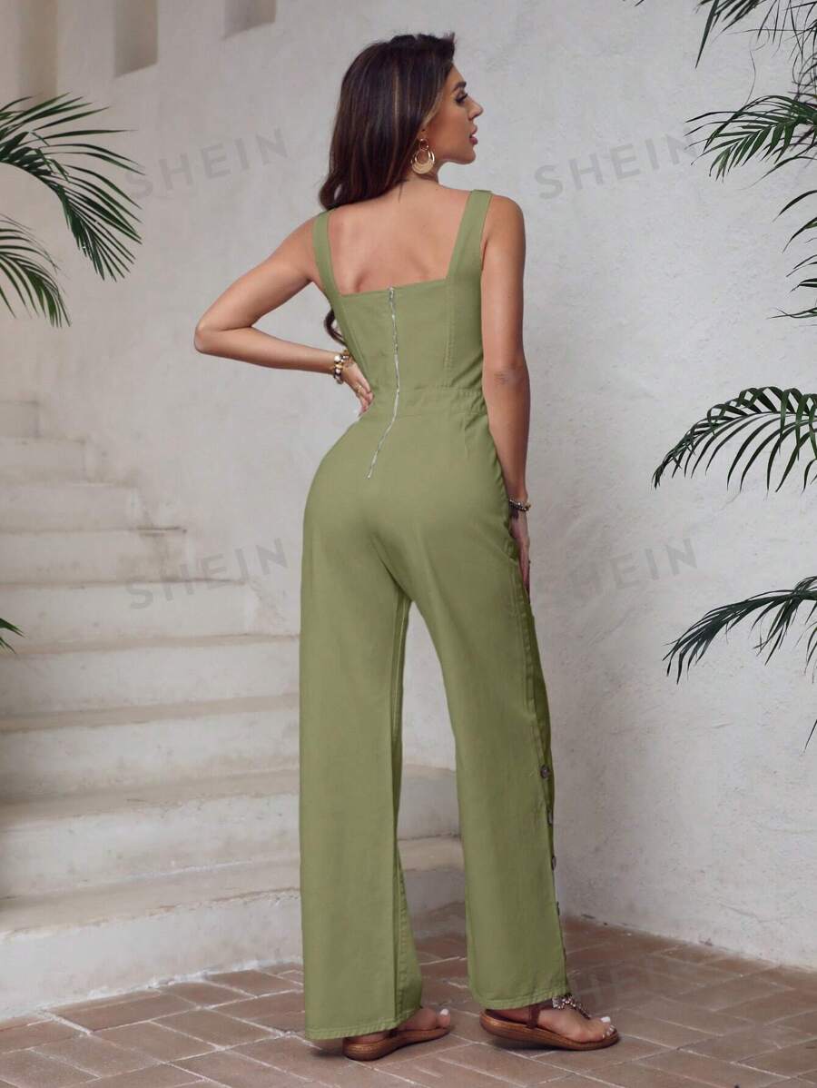 SHEIN LUNE Peto Monocromático Para Mujer Decorado Con Botones