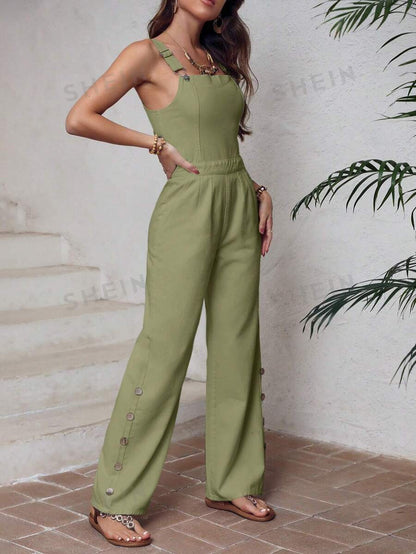 SHEIN LUNE Peto Monocromático Para Mujer Decorado Con Botones