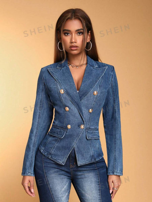 SHEIN BAE Chaqueta Vaquera Retro De Botones Para Mujer Con Diseño De Cintura Ajustada Y A La Moda