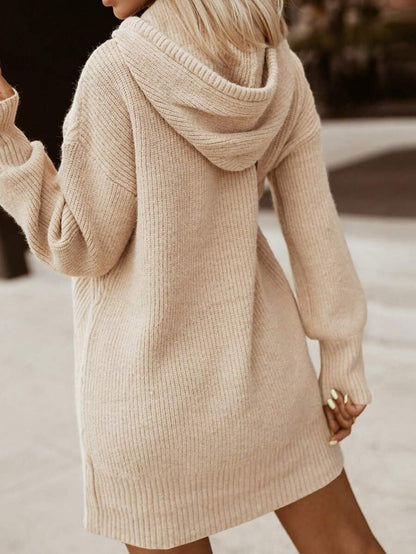 SHEIN LUNE Vestido De Suéter Con Capucha De Hombro Caído De Color Sólido Con Cordón Mujer