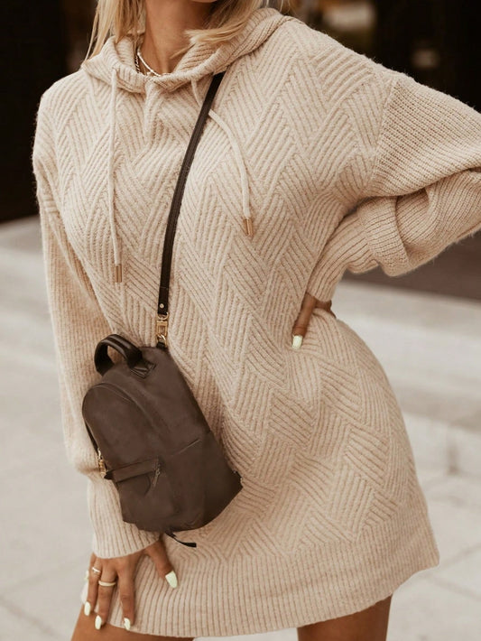 SHEIN LUNE Vestido De Suéter Con Capucha De Hombro Caído De Color Sólido Con Cordón Mujer