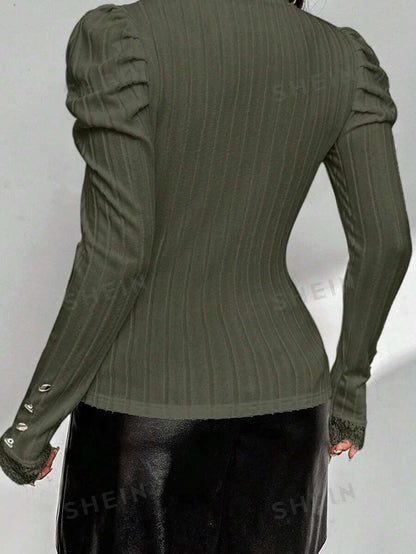SHEIN Privé Camiseta De Manga Larga Entallada Con Detalle De Encaje Y Botones, Modelo Casual De Verano mujer