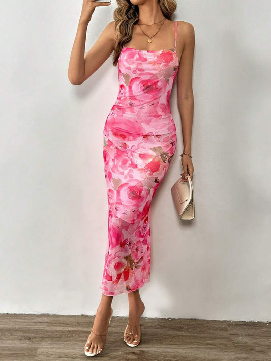 SHEIN Tall Vestido De Cuerpo Largo De Verano Ajustado Con Estampado Floral Para Las Vacaciones De Primavera