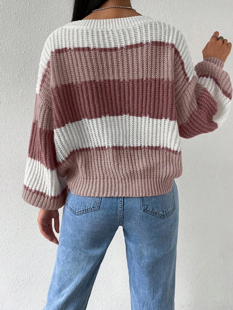 SHEIN Essnce Sweater casual de bloque de color holgado de primavera/otoño con cuello redondo y hombros caídos Mujer