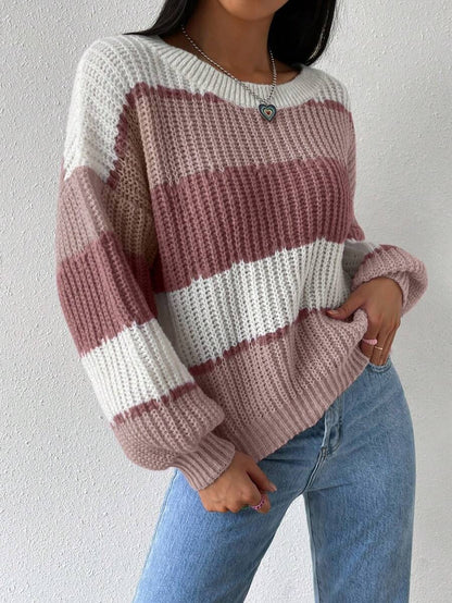SHEIN Essnce Sweater casual de bloque de color holgado de primavera/otoño con cuello redondo y hombros caídos Mujer