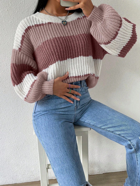 SHEIN Essnce Sweater casual de bloque de color holgado de primavera/otoño con cuello redondo y hombros caídos Mujer
