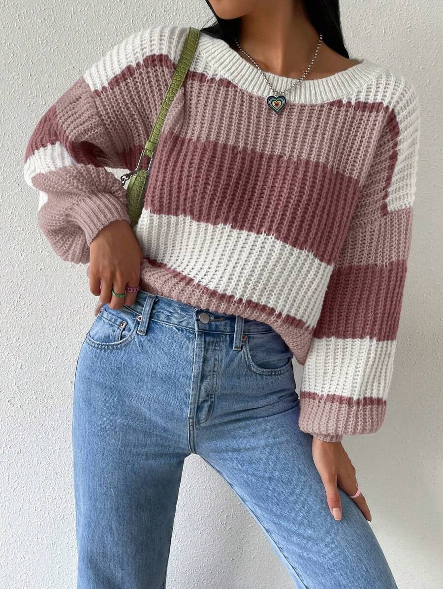 SHEIN Essnce Sweater casual de bloque de color holgado de primavera/otoño con cuello redondo y hombros caídos Mujer