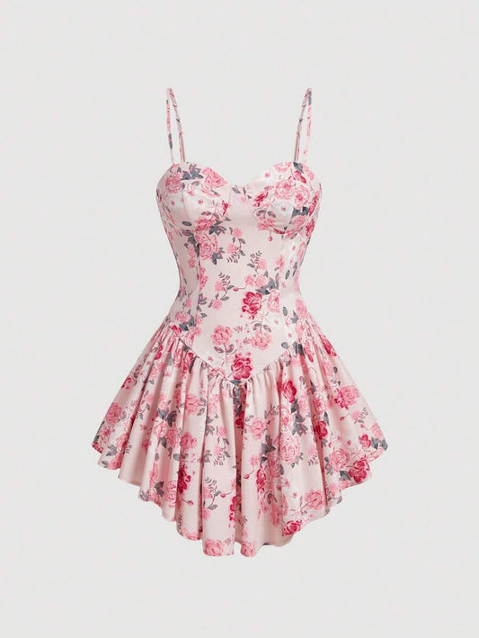 SHEIN MOD Vestido de flores para señoras con estilo de vacaciones, dobladillo y lazos de hombro con volantes, verano