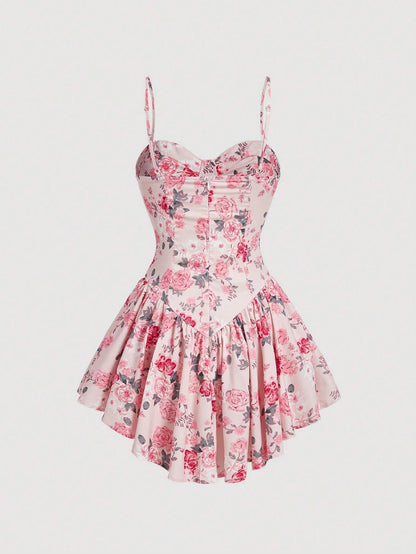 SHEIN MOD Vestido de flores para señoras con estilo de vacaciones, dobladillo y lazos de hombro con volantes, verano