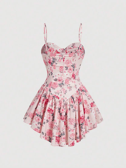 SHEIN MOD Vestido de flores para señoras con estilo de vacaciones, dobladillo y lazos de hombro con volantes, verano