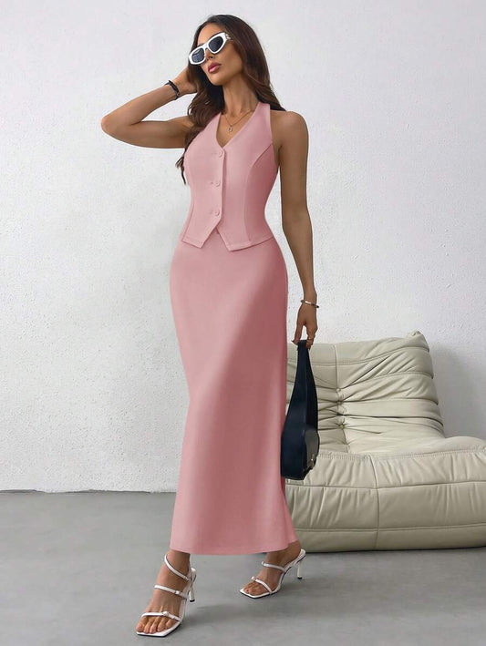 SHEIN Privé Chaqueta en estilo francés para mujeres con diseño sencillo, cuello halter, abierta al frente con botones, y falda larga con cola de pescado. Adecuada para bodas, festivales, citas y vacaciones.