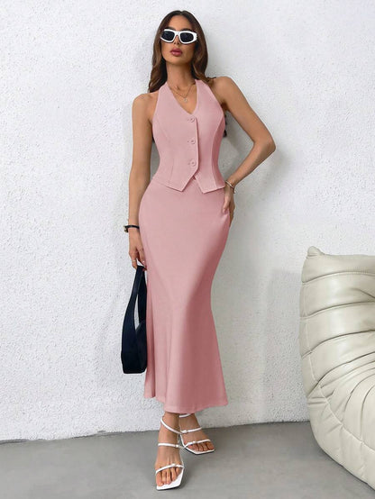 SHEIN Privé Chaqueta en estilo francés para mujeres con diseño sencillo, cuello halter, abierta al frente con botones, y falda larga con cola de pescado. Adecuada para bodas, festivales, citas y vacaciones.