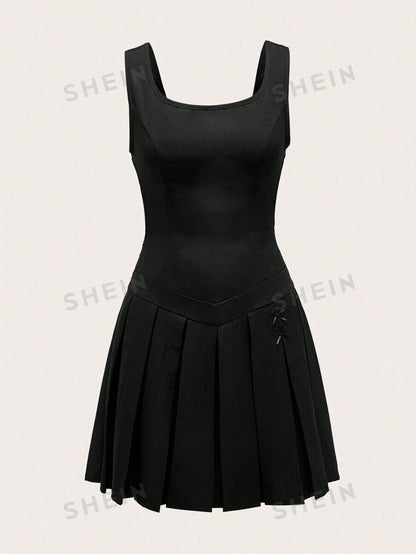 ROMWE Kawaii Vestido de cintura plisada con cinturón en unicolor de moda para mujer