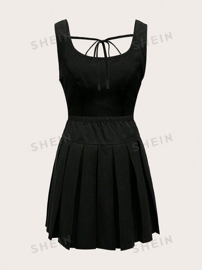 ROMWE Kawaii Vestido de cintura plisada con cinturón en unicolor de moda para mujer