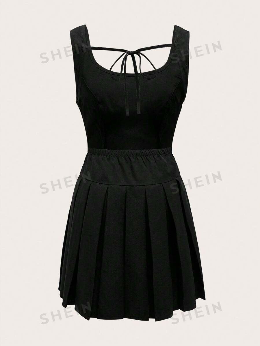 ROMWE Kawaii Vestido de cintura plisada con cinturón en unicolor de moda para mujer