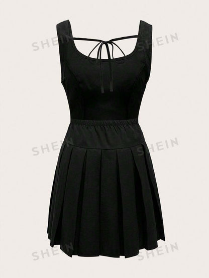 ROMWE Kawaii Vestido de cintura plisada con cinturón en unicolor de moda para mujer