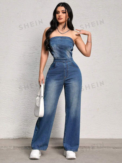 SHEIN SXY Mono vaquero sin tirantes ajustado a la cintura con cremallera trasera y unicolor